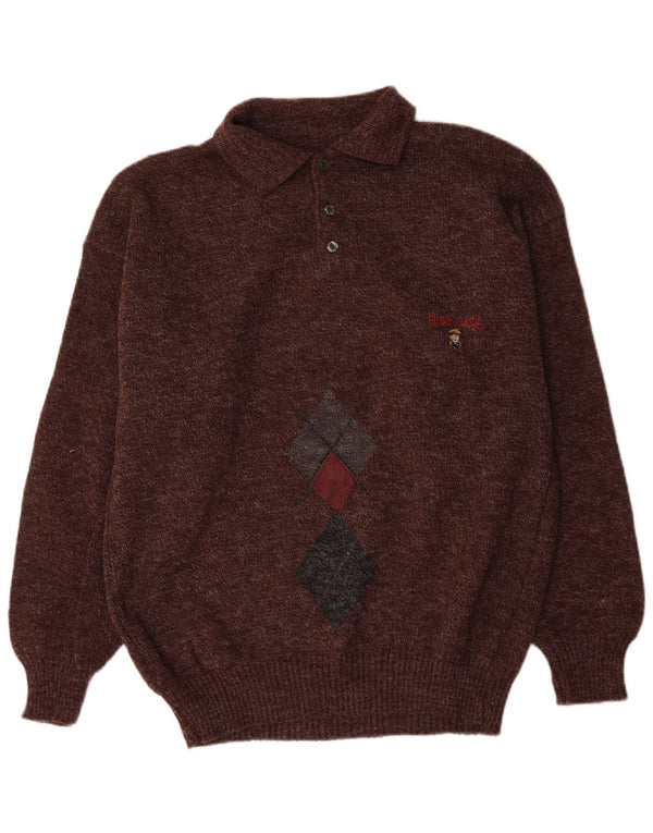 Vintage Mens Polo Neck Jumper Sweater IT 54 XL Brown Argyle/Diamond Wool