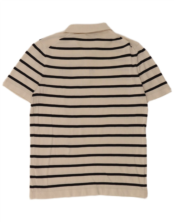 Massimo Dutti Mens Polo Shirt Medium White Striped Cotton