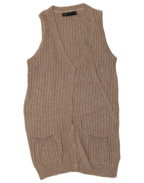 Zara Womens Longline Sleeveless Cardigan Sweater UK 14 Medium Beige Cotton