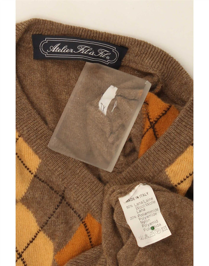 Vintage Mens V-Neck Jumper Sweater XL Brown Argyle/Diamond Wool