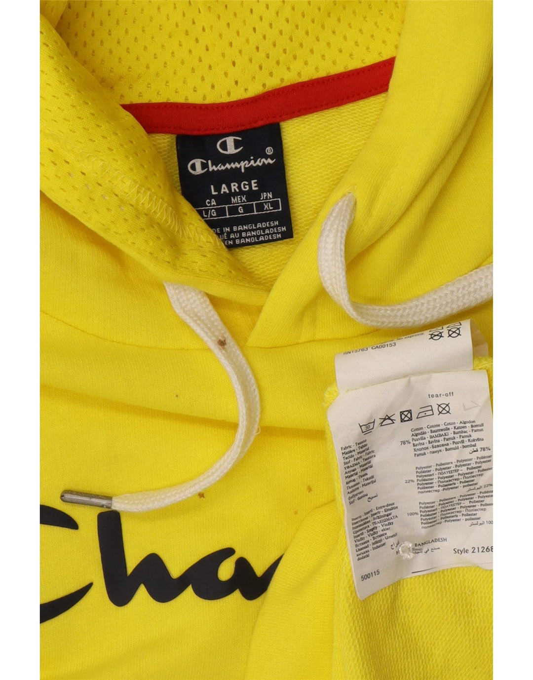 Champion Mens Graphic Hoodie Jumper Large Yellow Cotton