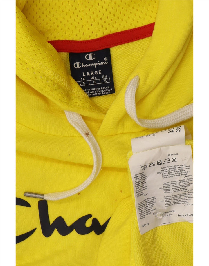 Champion Mens Graphic Hoodie Jumper Large Yellow Cotton