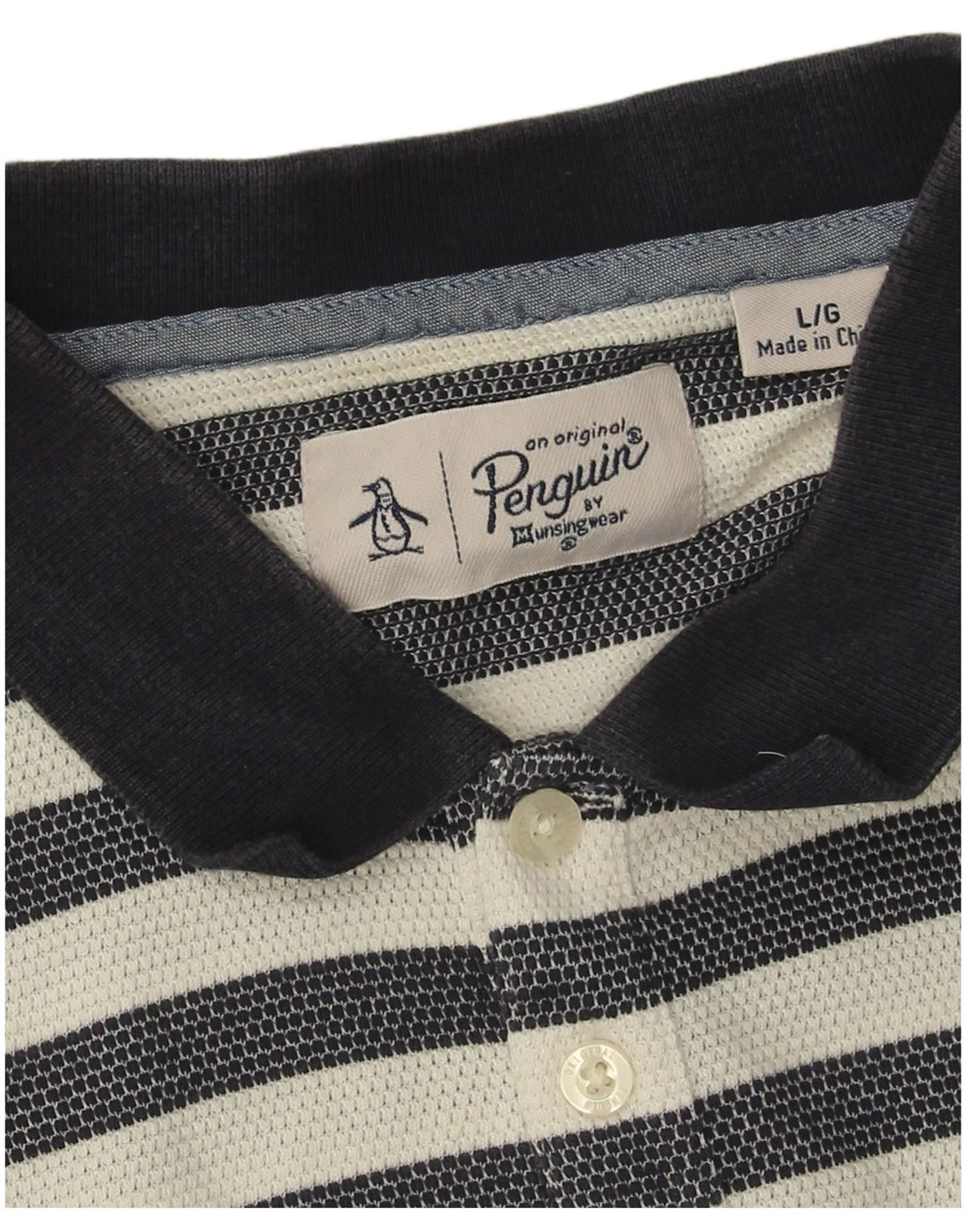 Penguin Mens Polo Shirt Large Navy Blue Striped Cotton