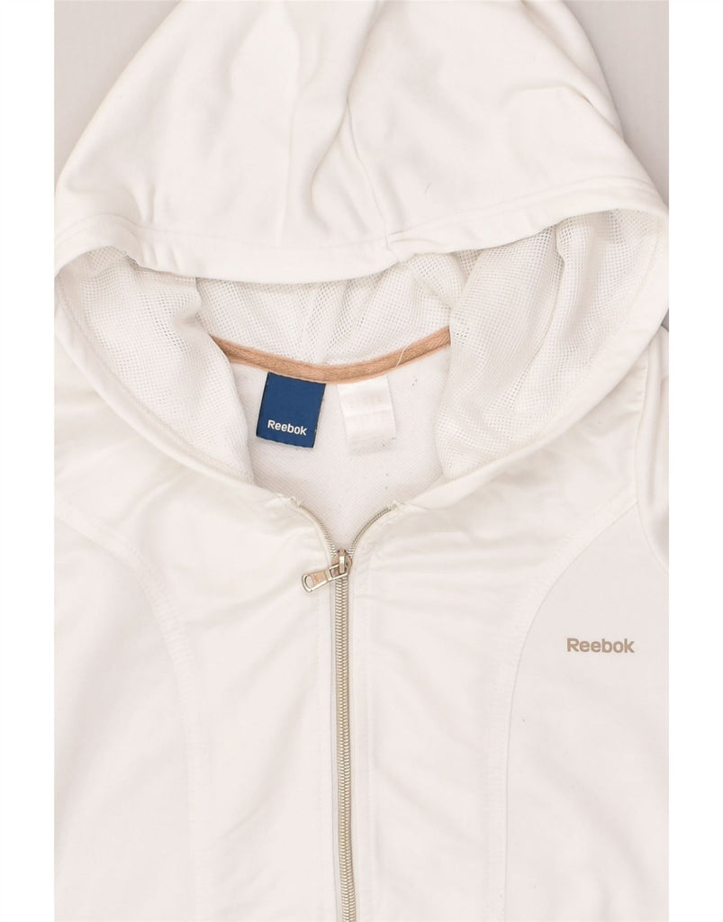 REEBOK Womens Zip Hoodie Sweater UK 14 Medium White Polyester | Vintage Reebok | Thrift | Second-Hand Reebok | Used Clothing | Messina Hembry 