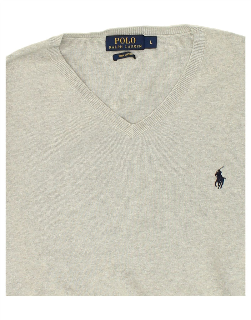 POLO RALPH LAUREN Mens V-Neck Jumper Sweater Large Grey Cotton | Vintage Polo Ralph Lauren | Thrift | Second-Hand Polo Ralph Lauren | Used Clothing | Messina Hembry 