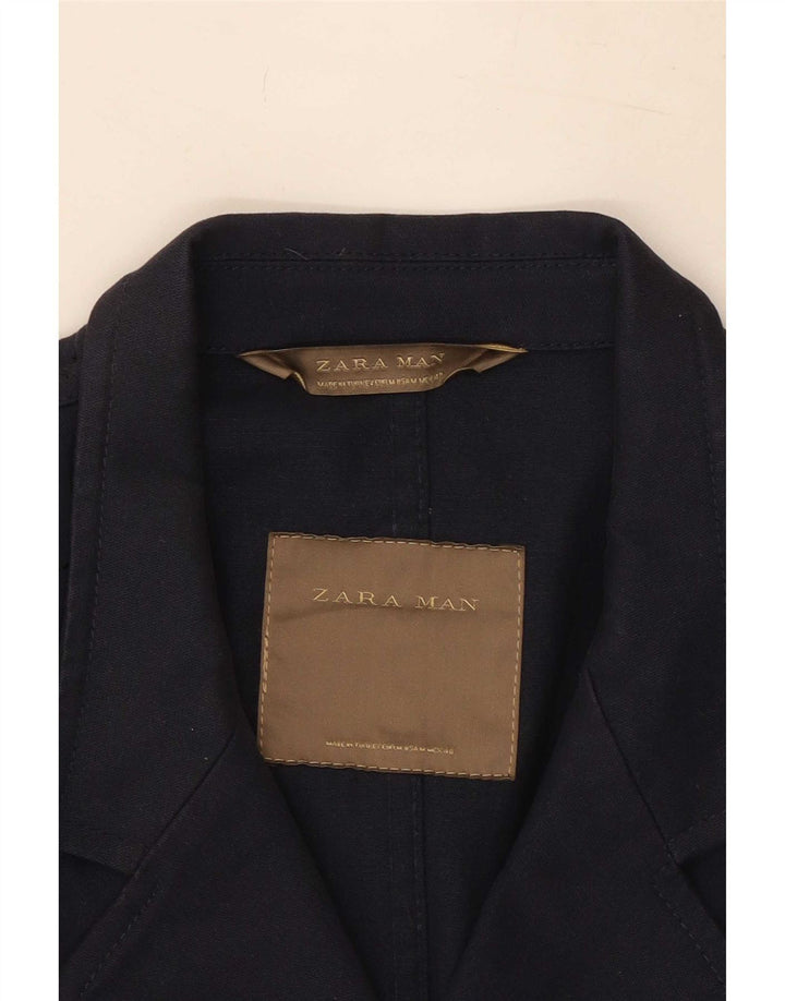 Zara Mens Double Breasted Blazer Jacket UK 38 Medium Navy Blue Cotton