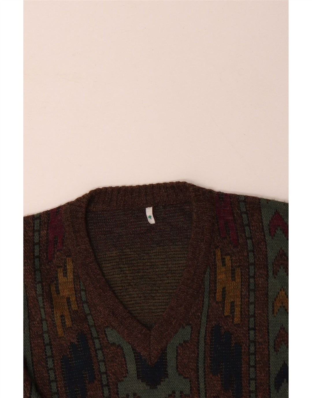 VINTAGE Mens V-Neck Jumper Sweater IT 50 Medium Brown Geometric