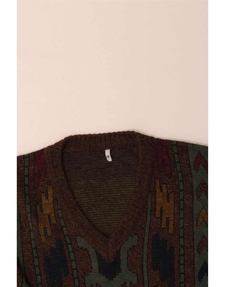 VINTAGE Mens V-Neck Jumper Sweater IT 50 Medium Brown Geometric