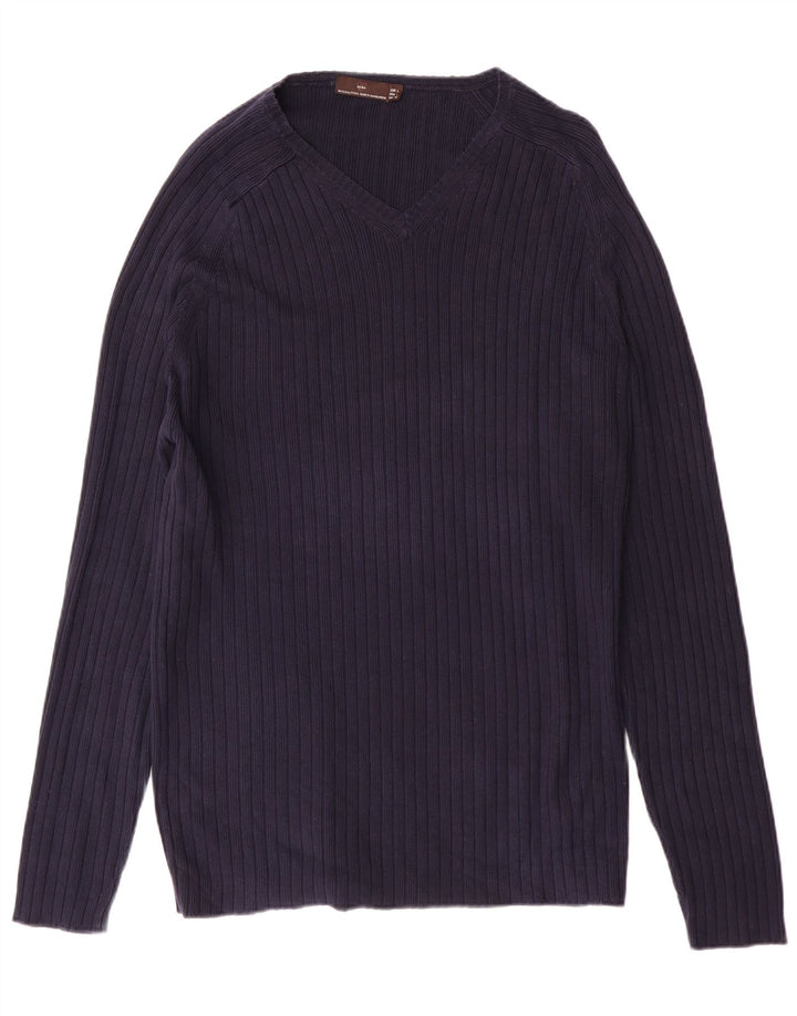 Zara Mens V-Neck Jumper Sweater Large Navy Blue Cotton