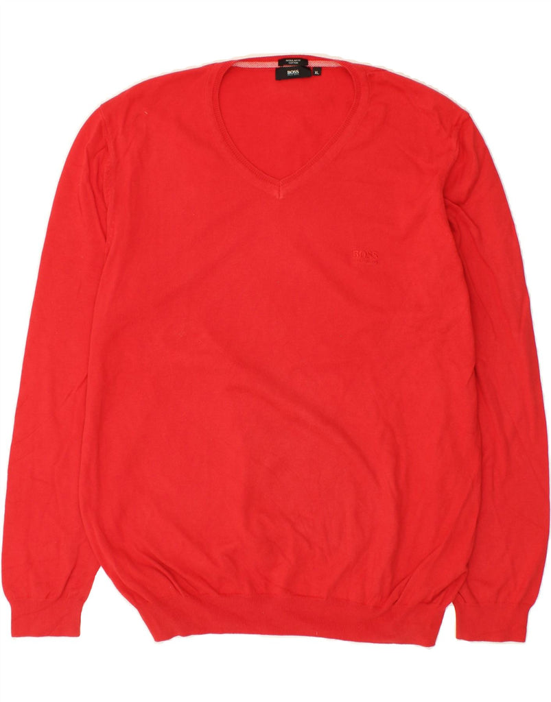 HUGO BOSS Mens Regular Fit V-Neck Jumper Sweater XL Red Cotton | Vintage Hugo Boss | Thrift | Second-Hand Hugo Boss | Used Clothing | Messina Hembry 