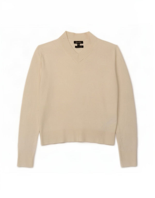 Massimo Dutti Womens Crop V-Neck Jumper Sweater UK 6 XS White Wool