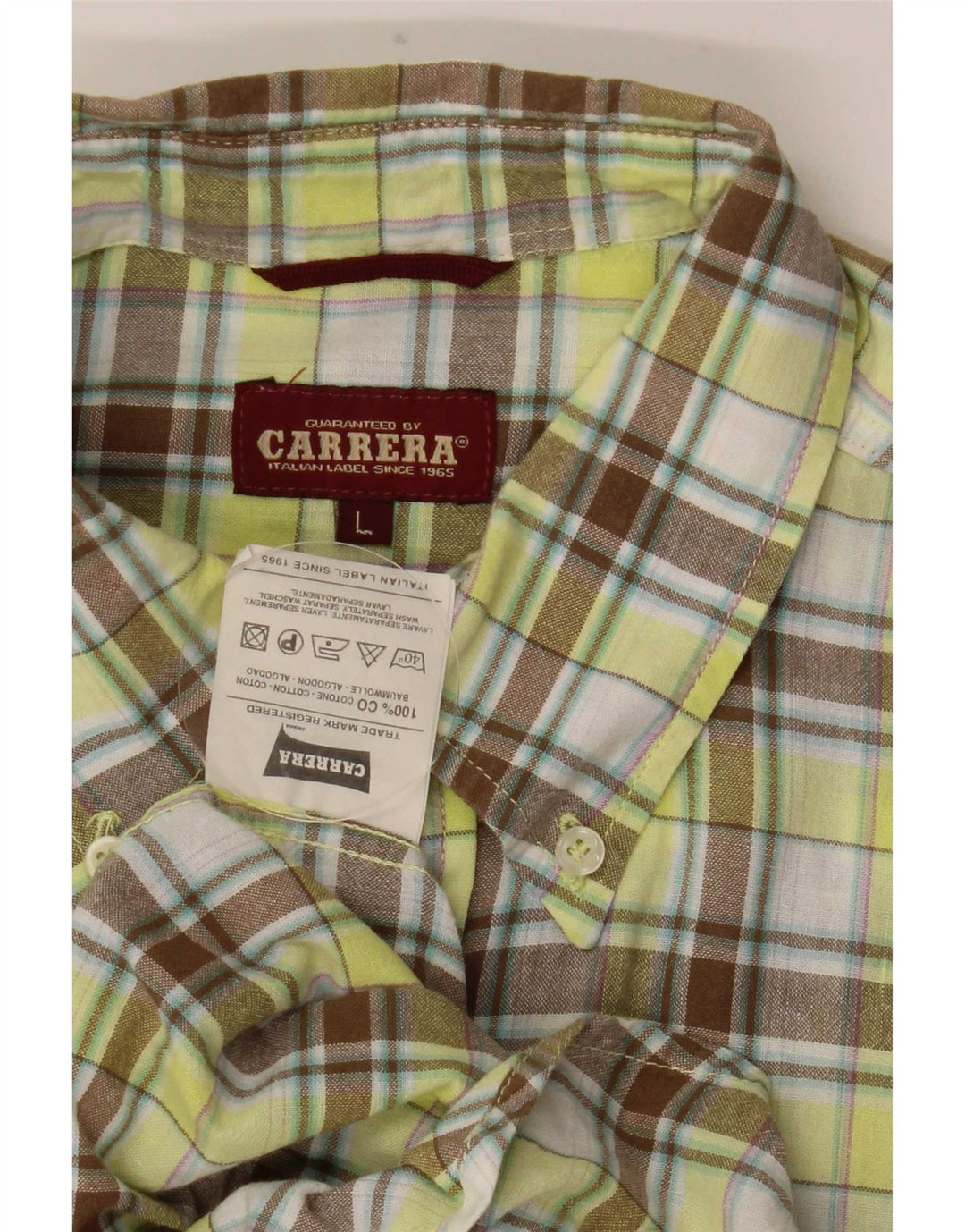 Carrera Mens Short Sleeve Shirt Large Green Check Cotton