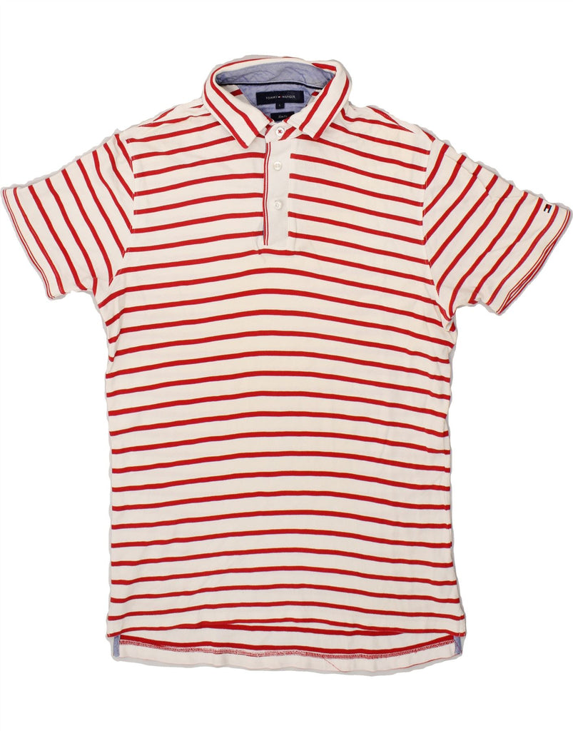 TOMMY HILFIGER Mens Slim Fit Polo Shirt Large Red Striped Cotton | Vintage Tommy Hilfiger | Thrift | Second-Hand Tommy Hilfiger | Used Clothing | Messina Hembry 