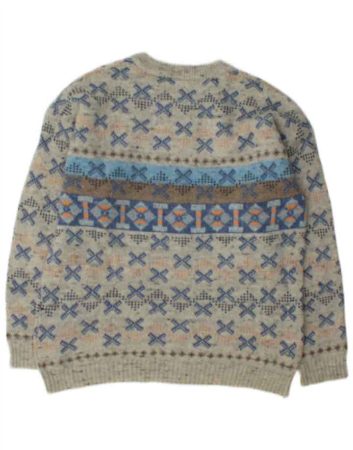 Vintage Mens Boat Neck Jumper Sweater Medium Grey Geometric Wool