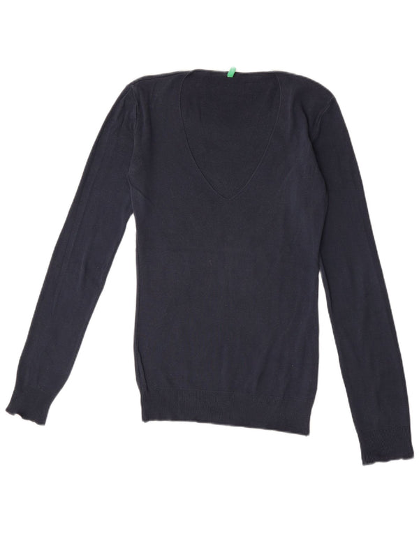 Benetton Womens V-Neck Jumper Sweater UK 12 Medium Navy Blue Cotton