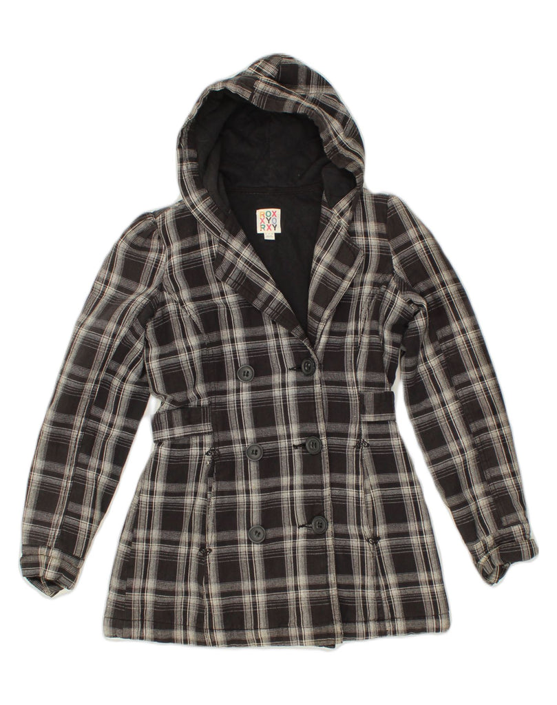 ROXY Womens Hooded Double Breasted Overcoat UK 8 Small Black Check Cotton | Vintage Roxy | Thrift | Second-Hand Roxy | Used Clothing | Messina Hembry 