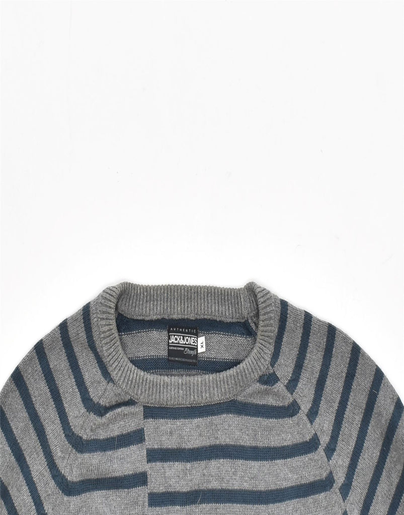 JACK & JONES Mens Crew Neck Jumper Sweater XL Grey Striped Cotton | Vintage | Thrift | Second-Hand | Used Clothing | Messina Hembry 