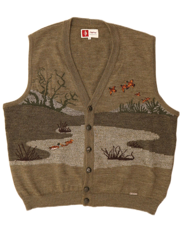 Steffner Country Mens Graphic Sleeveless Cardigan Sweater IT 54 XL Khaki