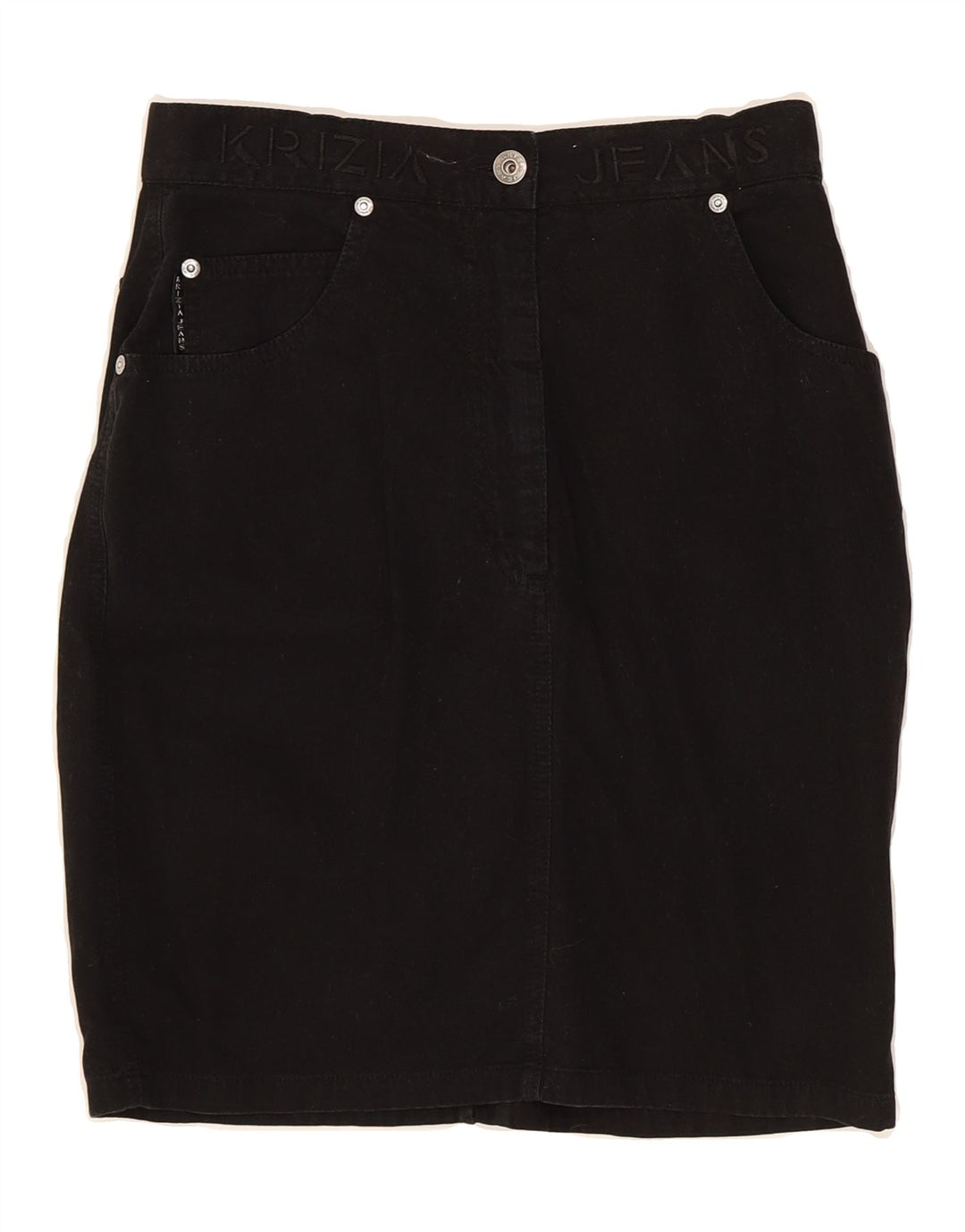 KRIZIA JEANS Womens Graphic Denim Skirt W28 Medium Black Cotton Vintage Krizia Jeans and Second-Hand Krizia Jeans from Messina Hembry 