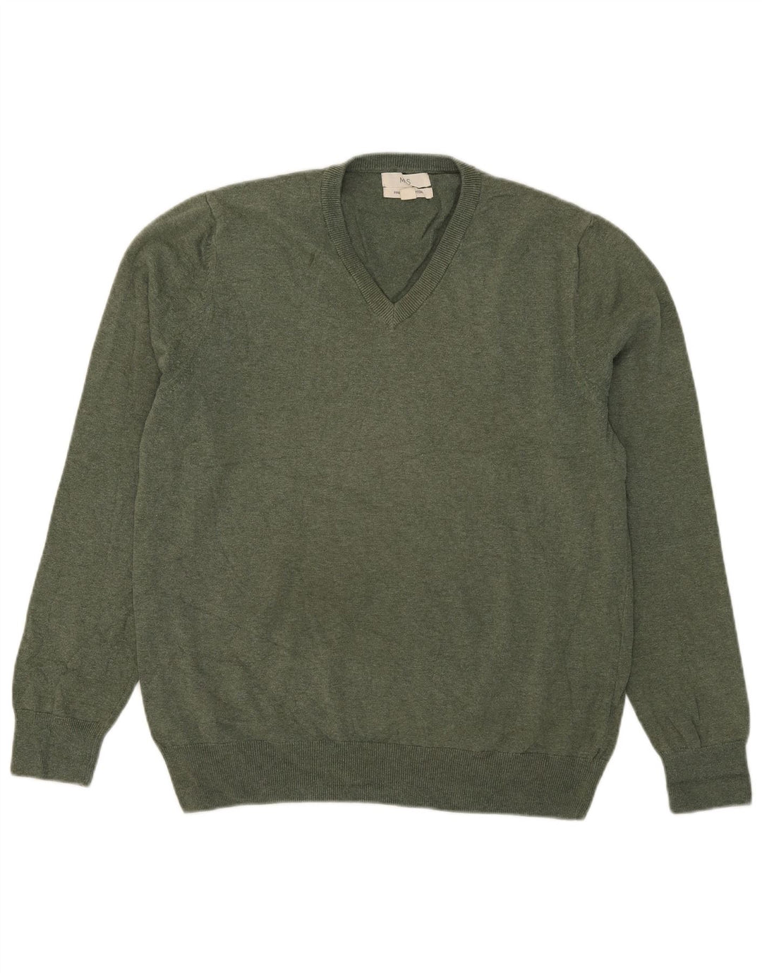Marks & Spencer Mens V-Neck Jumper Sweater Large Green Cotton