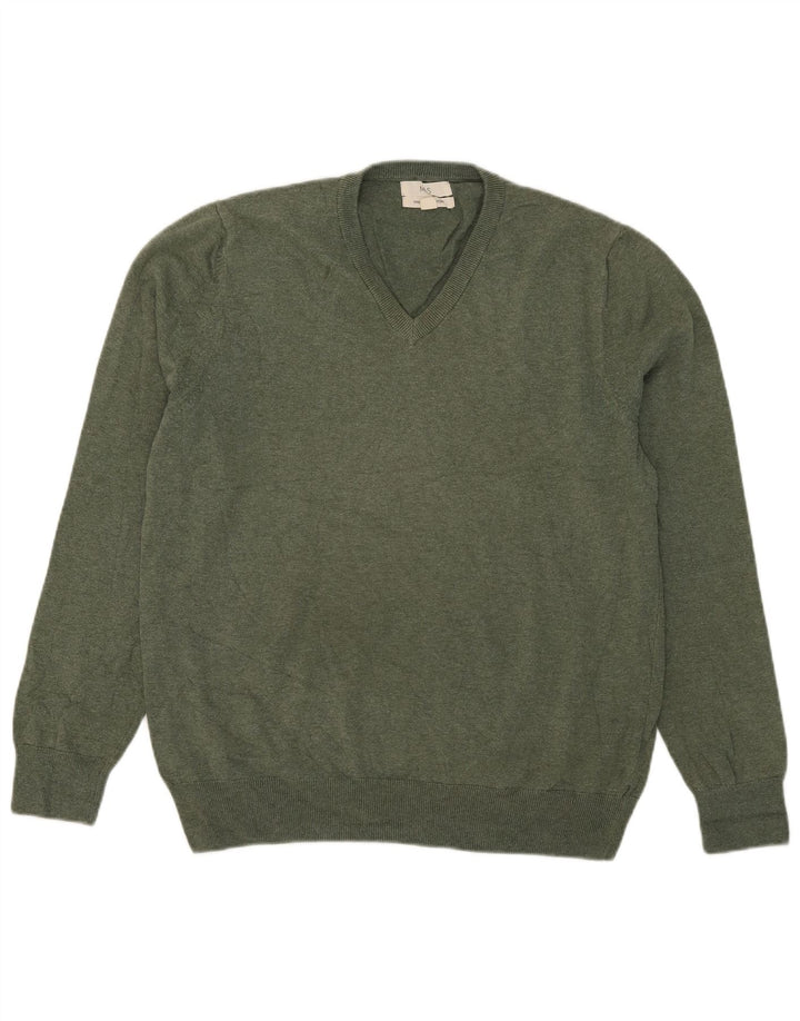 Marks & Spencer Mens V-Neck Jumper Sweater Large Green Cotton