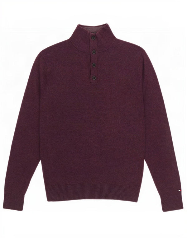Tommy Hilfiger Mens Button Neck Jumper Sweater Small Burgundy Cotton