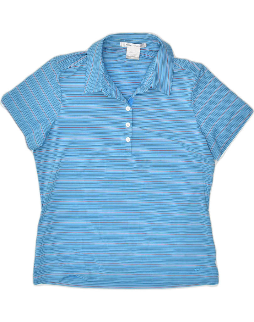 NIKE Girls Loose Fit Polo Shirt 8-9 Years Medium Blue Striped Polyester | Vintage Nike | Thrift | Second-Hand Nike | Used Clothing | Messina Hembry 