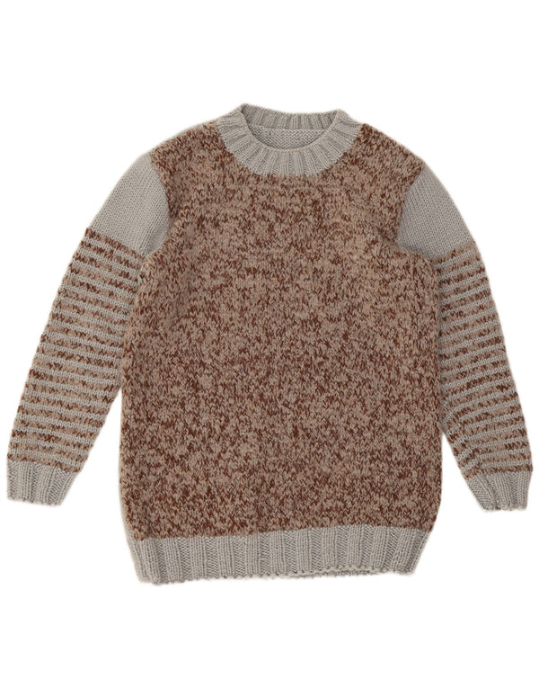 Vintage Mens Crew Neck Jumper Sweater Medium Brown Colourblock