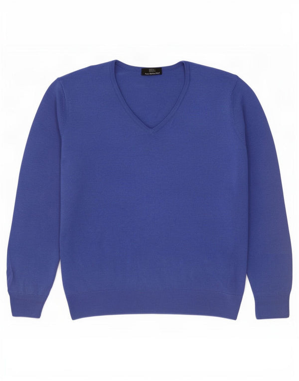 Marks & Spencer Womens V-Neck Jumper Sweater UK 12 Medium Blue Merino Wool