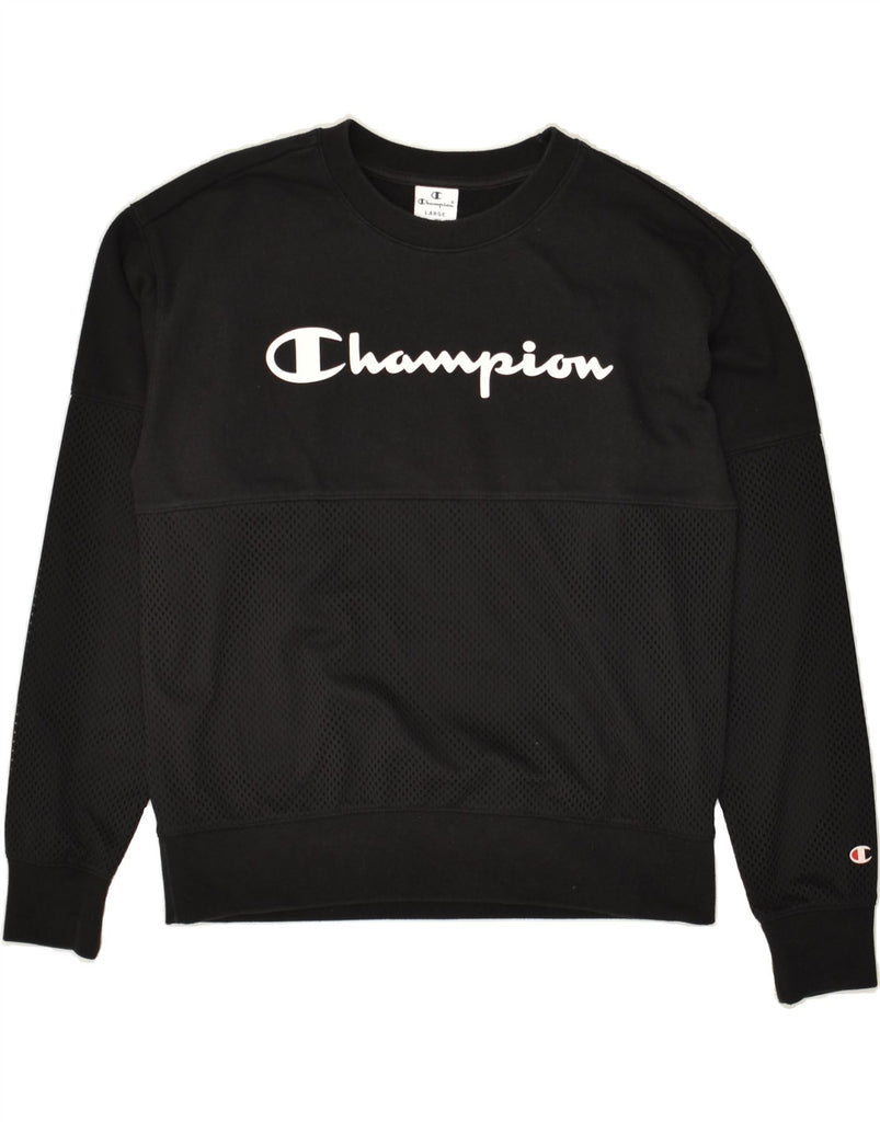 CHAMPION Womens Graphic Sweatshirt Jumper UK 16 Large Black Cotton | Vintage Champion | Thrift | Second-Hand Champion | Used Clothing | Messina Hembry 