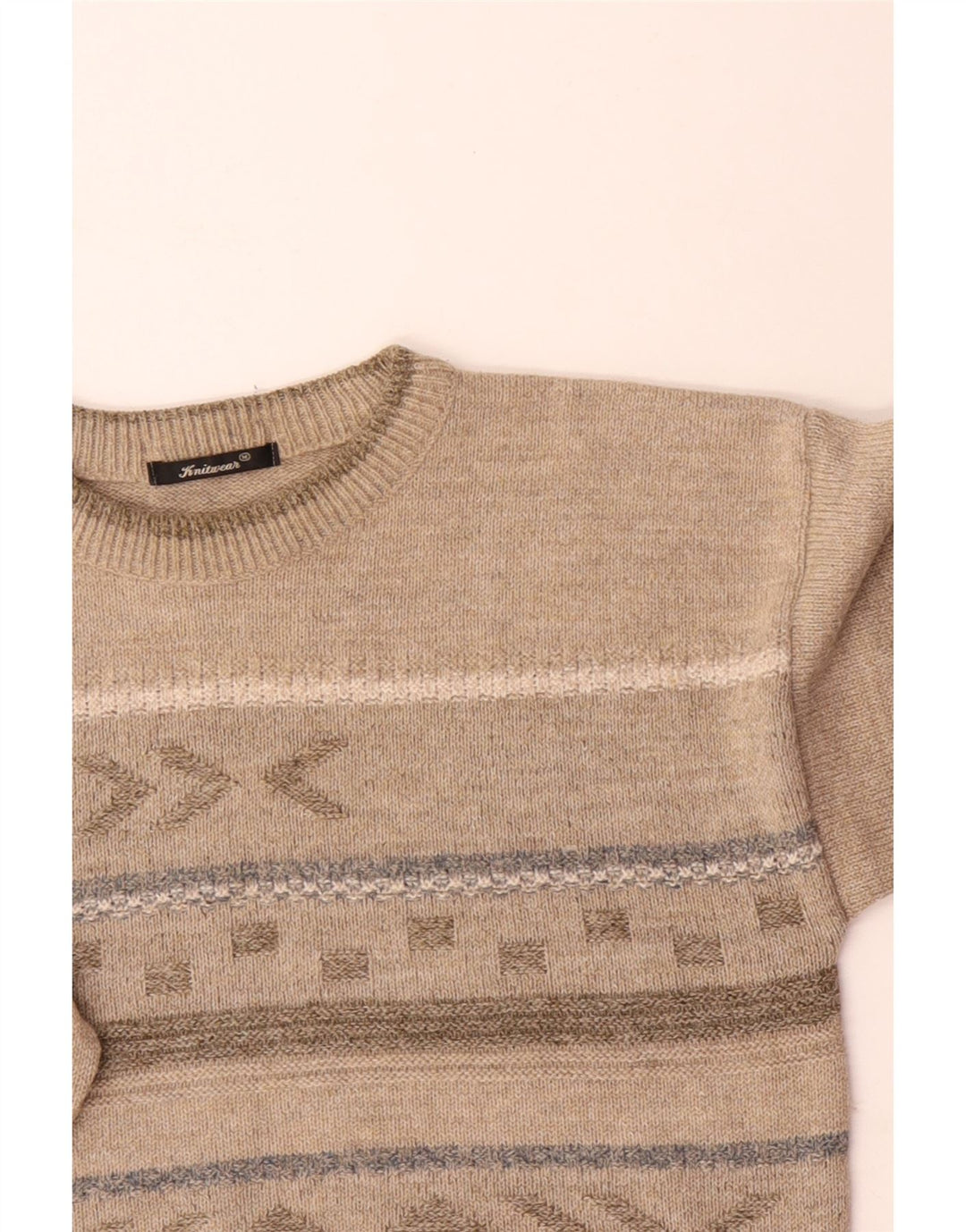 Vintage Mens Crew Neck Jumper Sweater Medium Beige Fair Isle Acrylic
