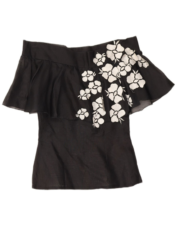 Vintage Womens Off Shoulder Top UK 10 Small Black Floral