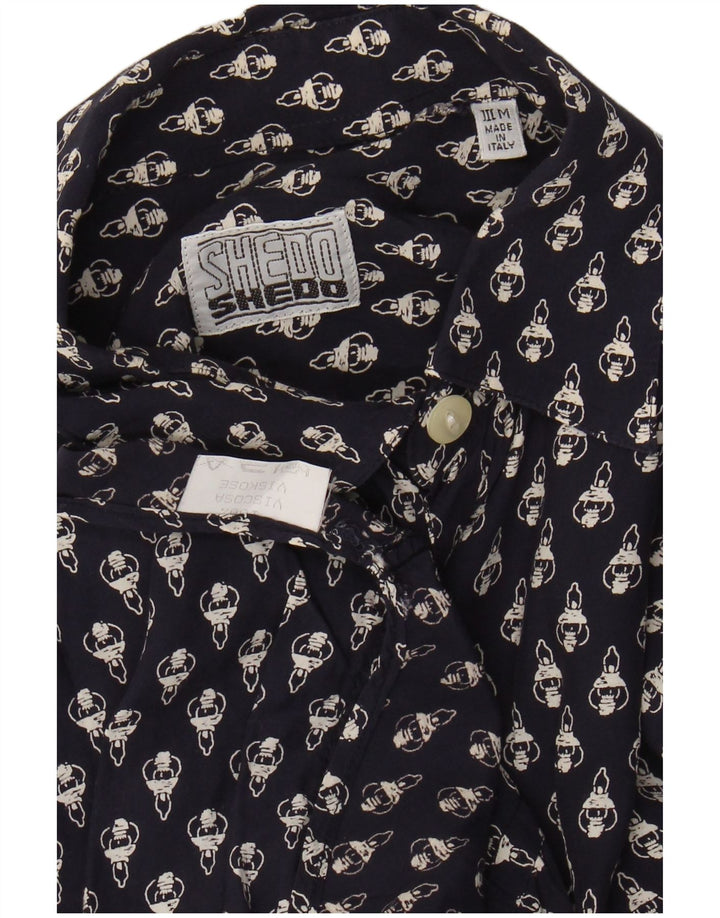 VINTAGE Mens Abstract Pattern Short Sleeve Shirt Medium Navy Blue Viscose