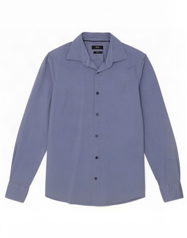 Hugo Boss Mens Slim Fit Shirt Size 38 15 Small Navy Blue Herringbone Cotton