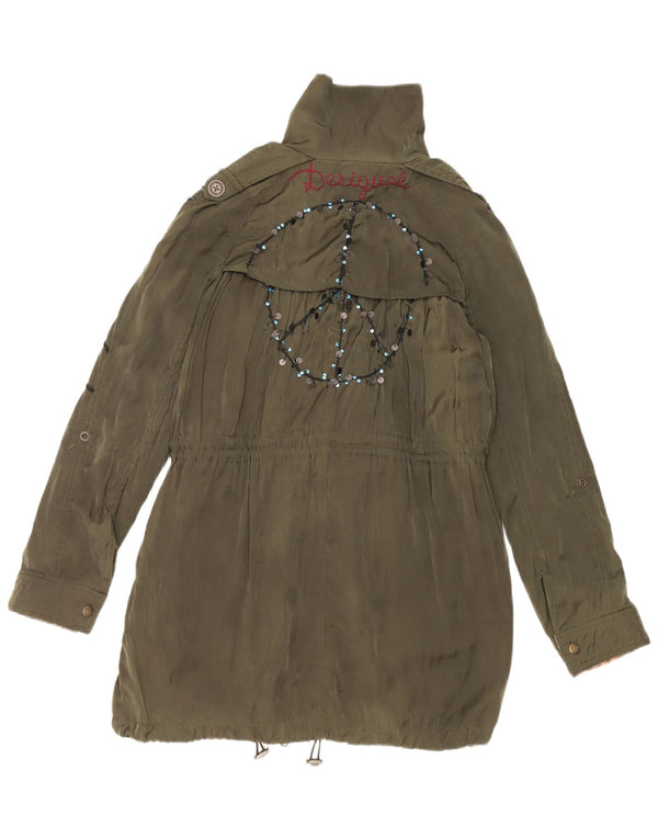 Desigual Womens Military Graphic Parka Jacket EU 38 Medium Green Floral