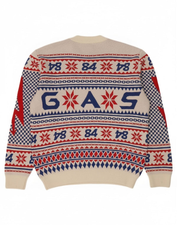 Gas Mens Graphic Crew Neck Jumper Sweater Large White Fair Isle Virgin Wool
