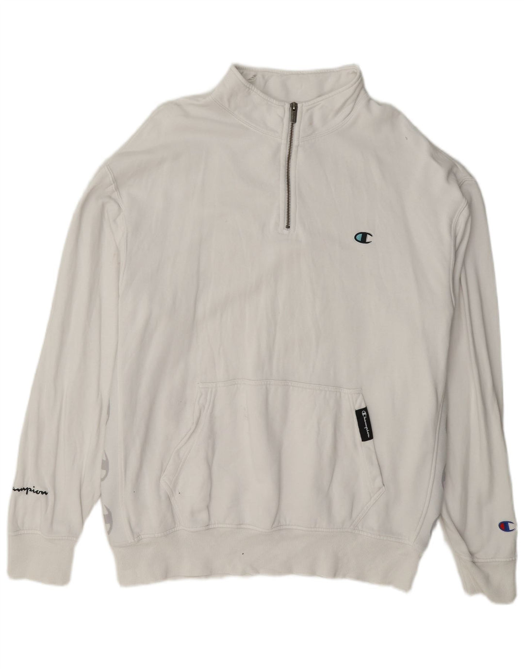 Champion Mens Zip Neck Sweatshirt Jumper Large White Cotton