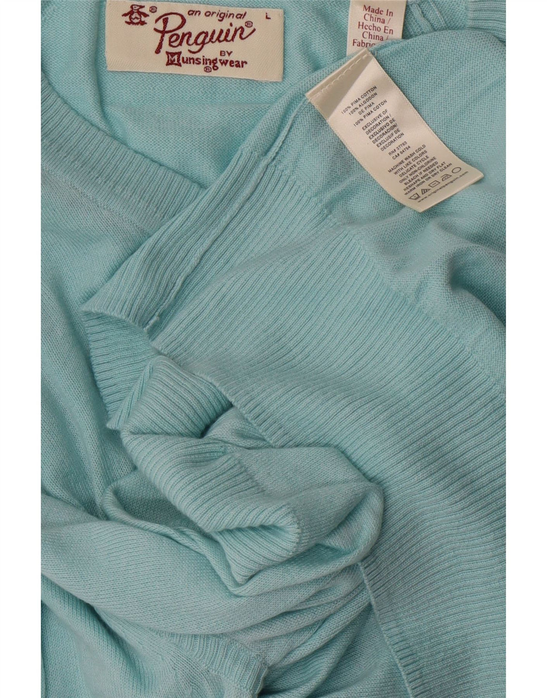 PENGUIN Mens V-Neck Jumper Sweater Large Turquoise Cotton