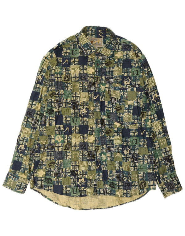 Vintage Mens Shirt Large Green Patchwork Cotton