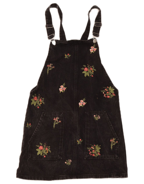 Topshop Womens Denim Dungaree Dress UK 8 Small  Black Floral Cotton