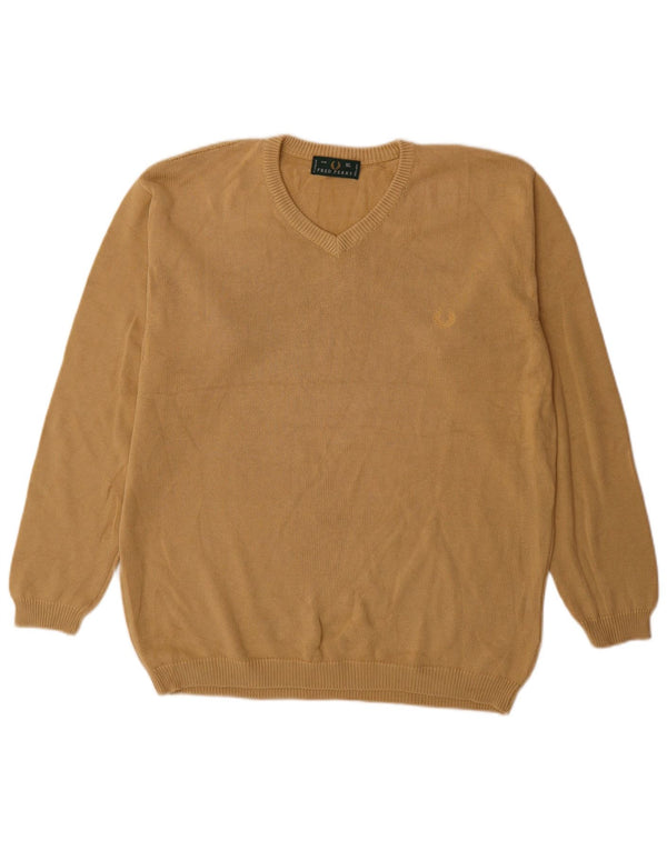 Fred Perry Mens V-Neck Jumper Sweater XL Beige Cotton