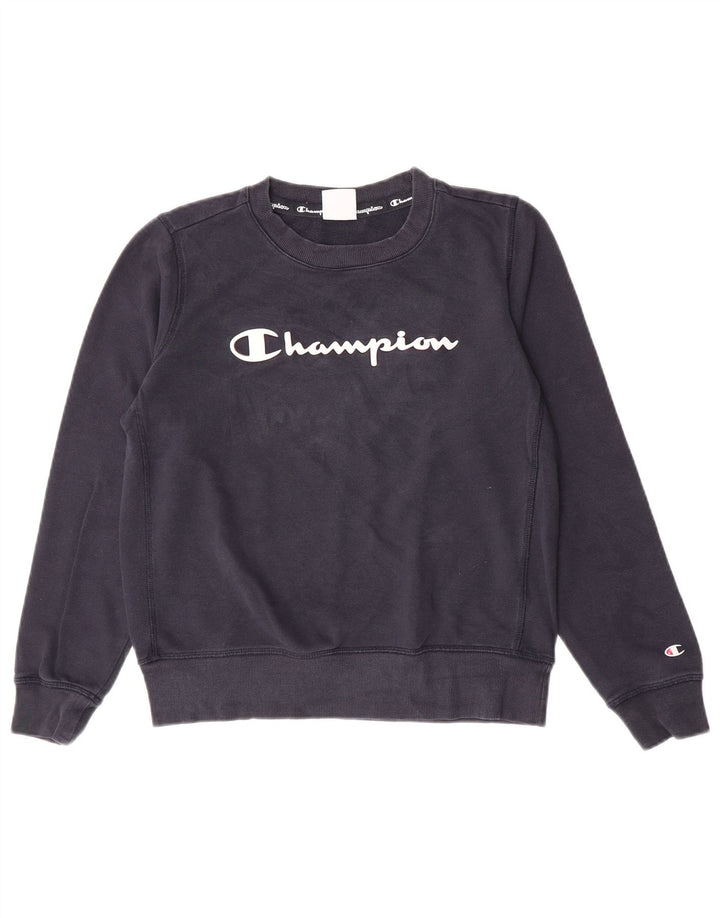 Champion Womens Graphic Sweatshirt Jumper UK 14 Medium Navy Blue Cotton