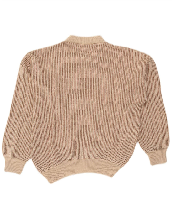 Oscar Forghieri Mens Crew Neck Jumper Sweater Medium Beige Striped Wool