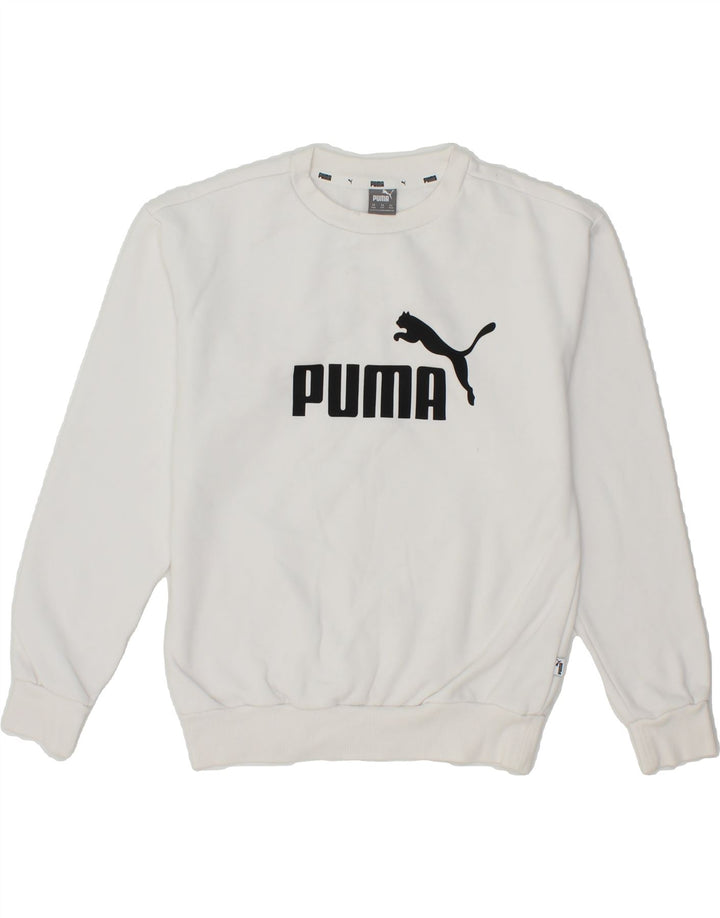 PUMA Womens Oversized Graphic Sweatshirt Jumper UK 2 2XS White Cotton Vintage Puma and Second-Hand Puma from Messina Hembry 
