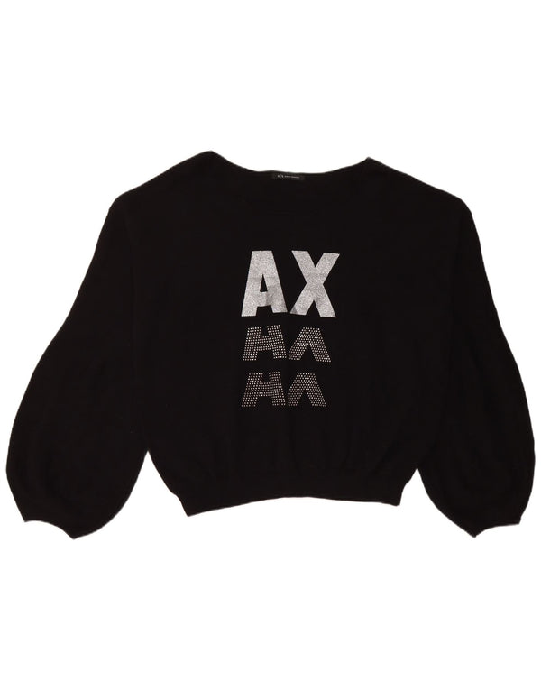 Armani Womens Crop Graphic Sweatshirt Jumper UK 18 XL Black Cotton