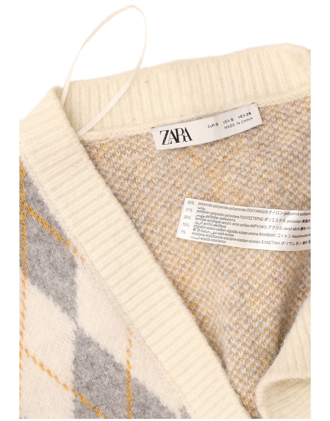 Zara Womens Oversized Cardigan Sweater UK 10 Small Off White Argyle/Diamond