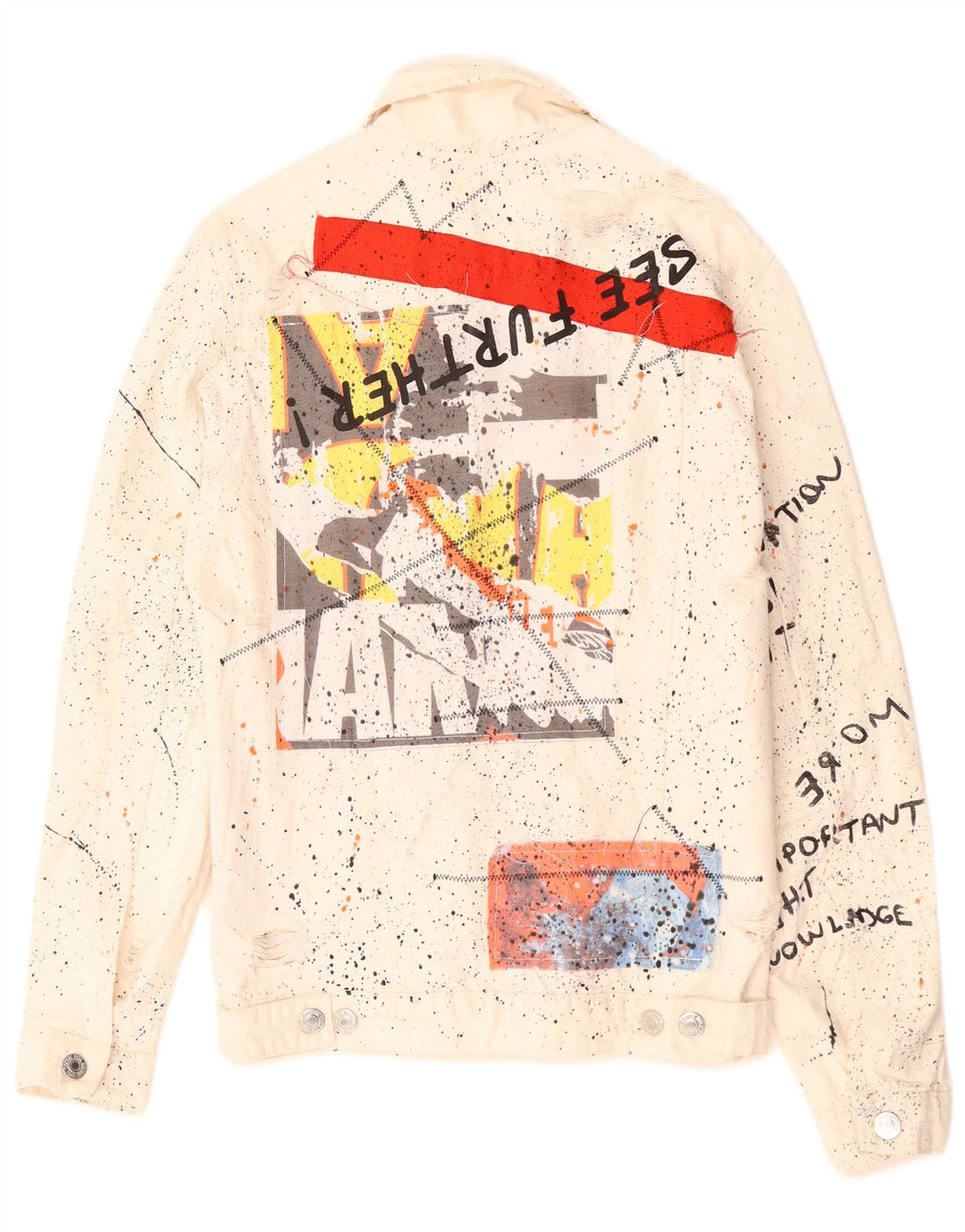 Zara Mens Graphic Denim Jacket UK 36 Small White Flecked Cotton