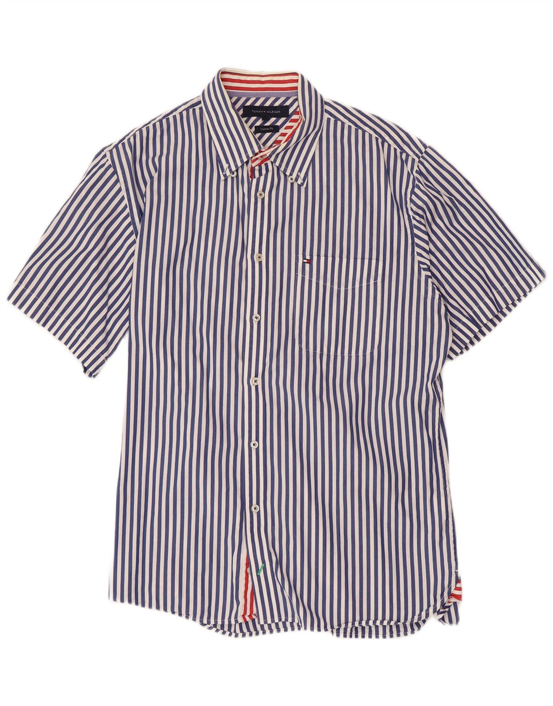 TOMMY HILFIGER Mens Custom Fit Short Sleeve Shirt Large Navy Blue Striped