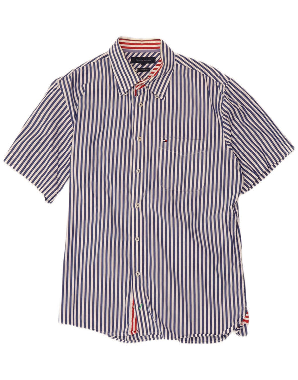 TOMMY HILFIGER Mens Custom Fit Short Sleeve Shirt Large Navy Blue Striped