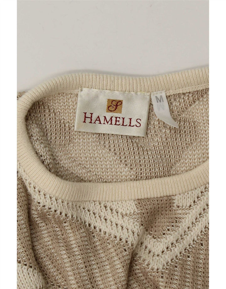 Vintage Womens Crew Neck Jumper Sweater UK 12 Medium Beige Geometric
